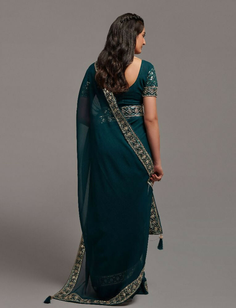 PR Fashion Petrol Zometo Embroidery Lace Saree