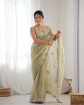 Pista Gold Twill Net Multy Thread, Sequance Embroidery Work Saree - Kriti