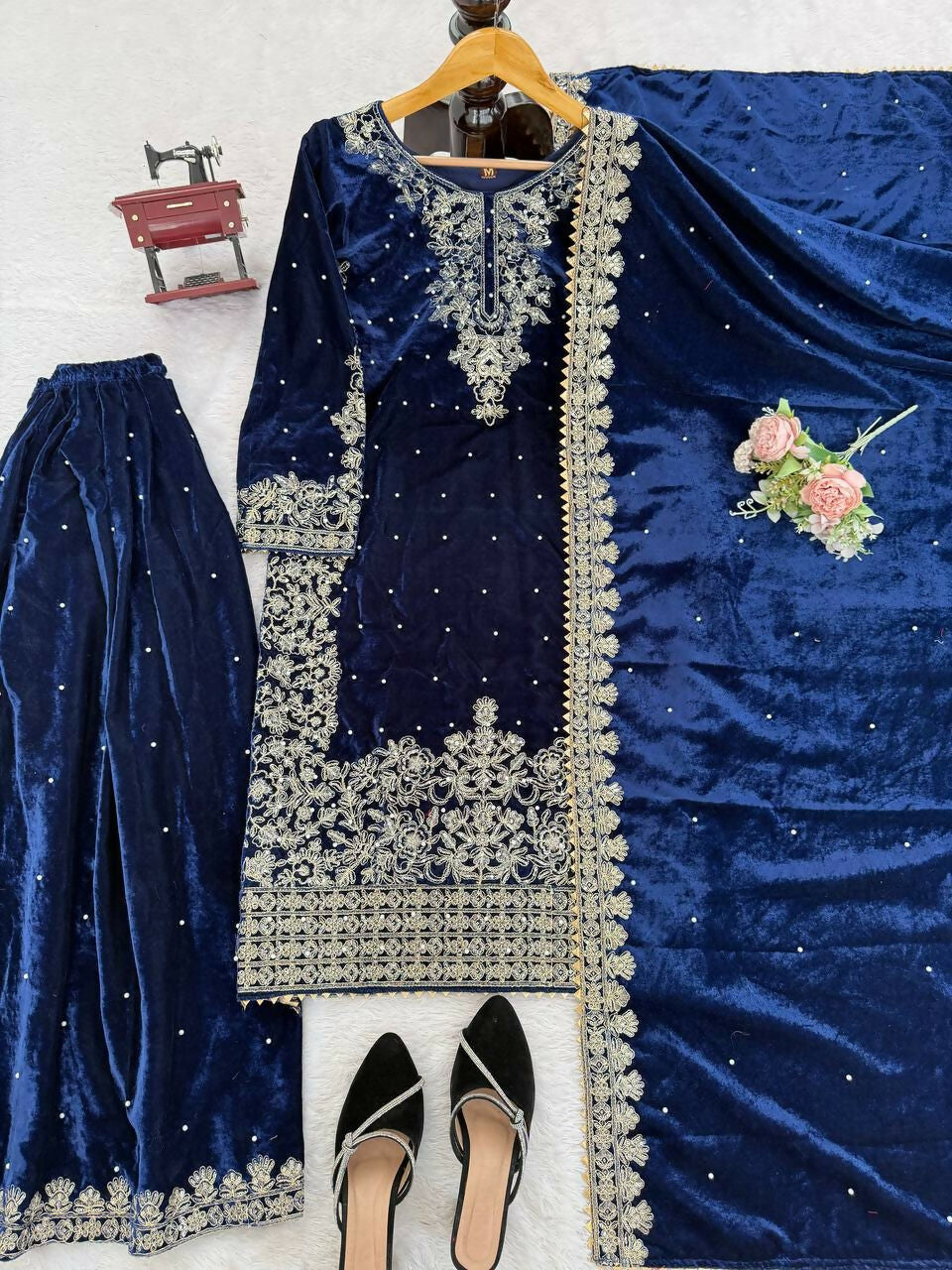 Vastranavya Blue Viscose Velvet Cording Sequence With Moti Work Top-Bottom With Dupatta