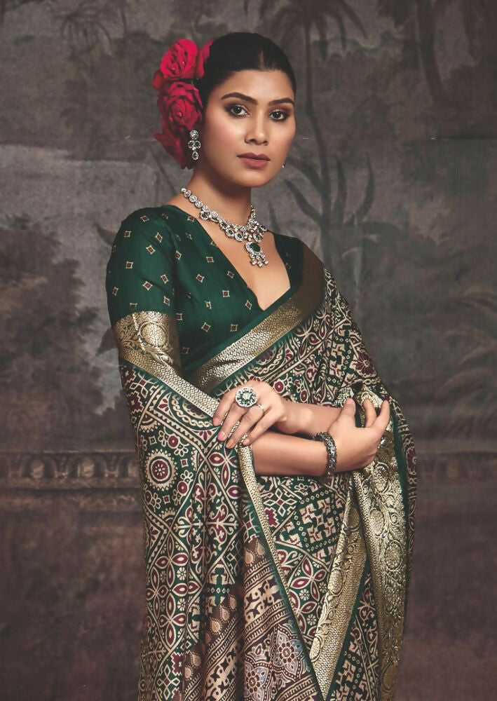 Joban Fashion Green Multi Color Dola Tussar Silk Self Jacquard Border Saree