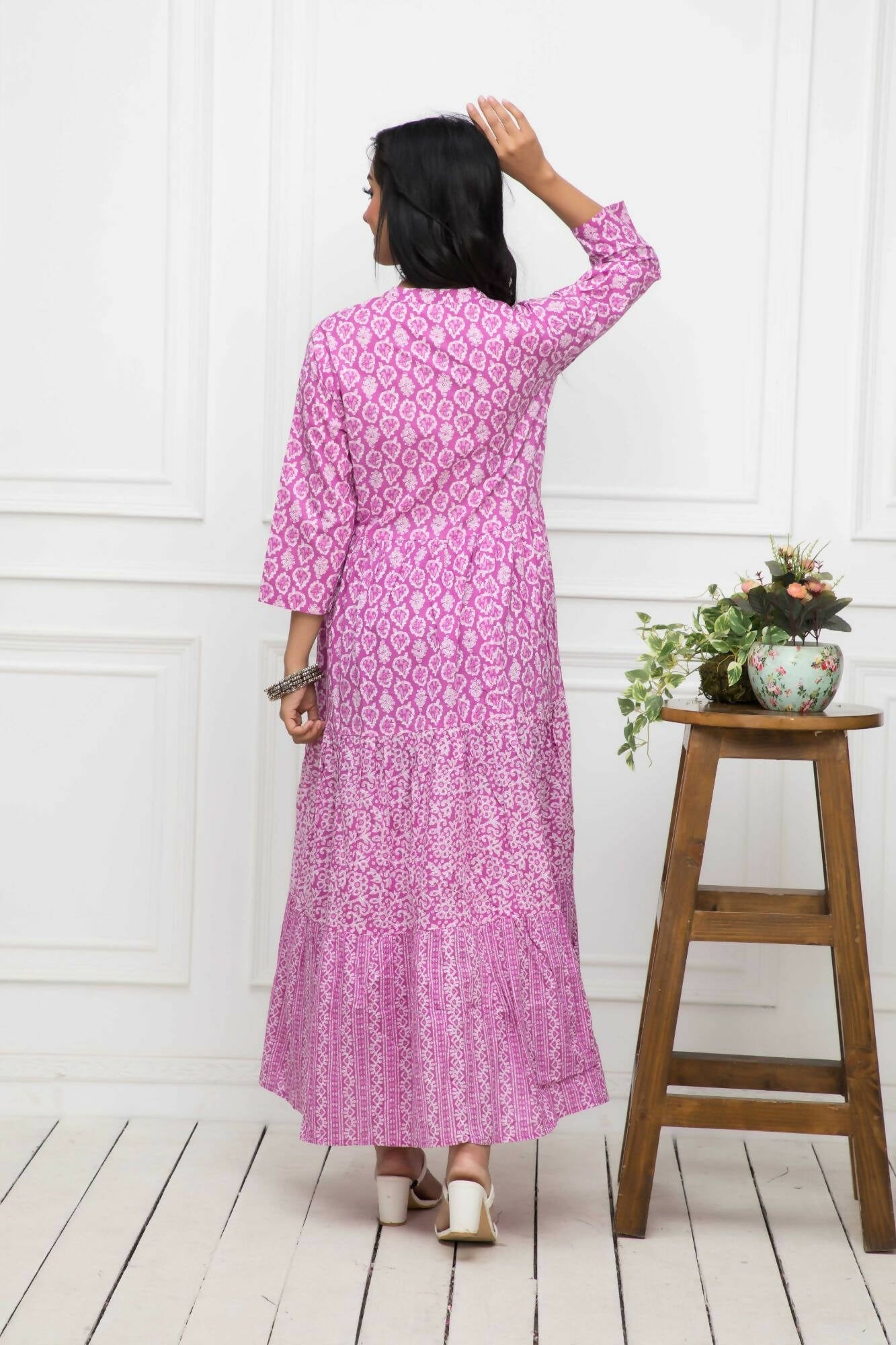Myshka Women Pink Floral Cotton A-Line Mandarin Collar Long Dress