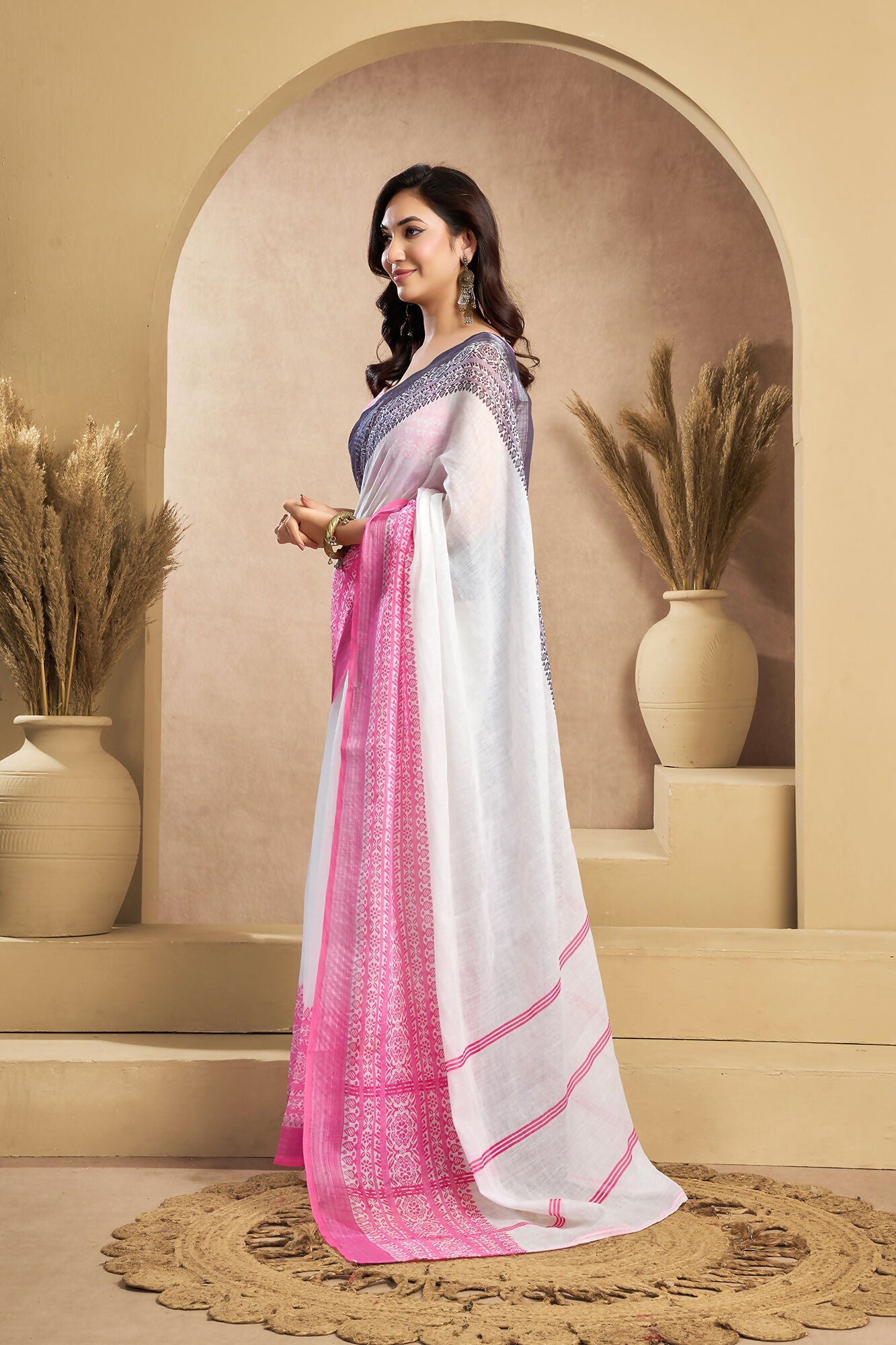 Vastranavya White Digital Printed Linen Ready To Wear Designer Saree with Unstitched Blouse