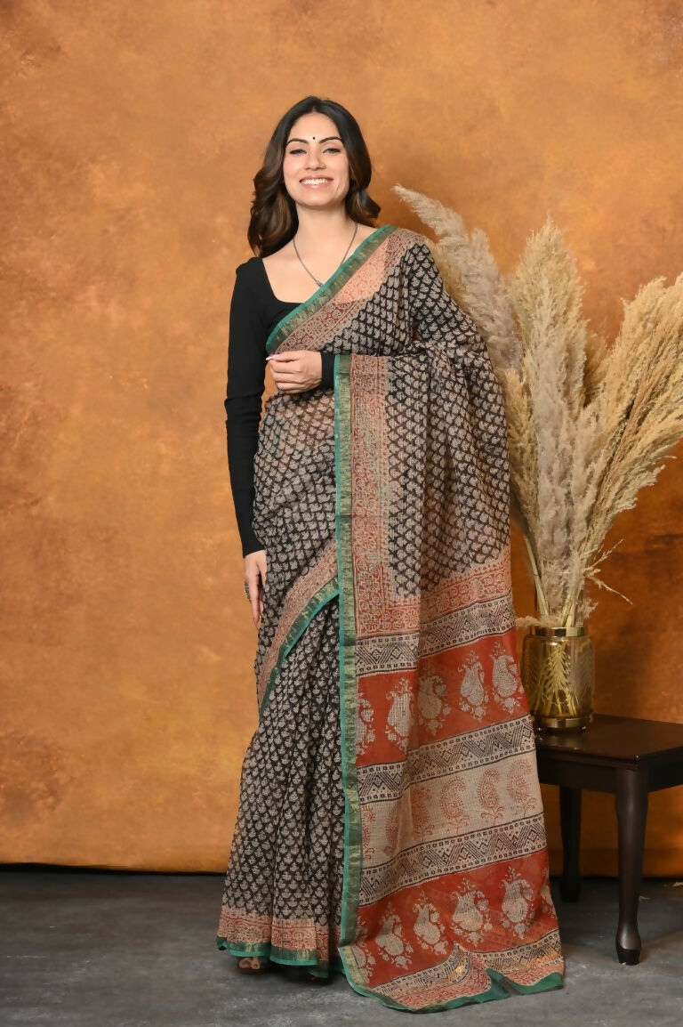 Very Much Indian Handloom Pure Kota Cotton Handblock Printed Saree - Cerulean Print