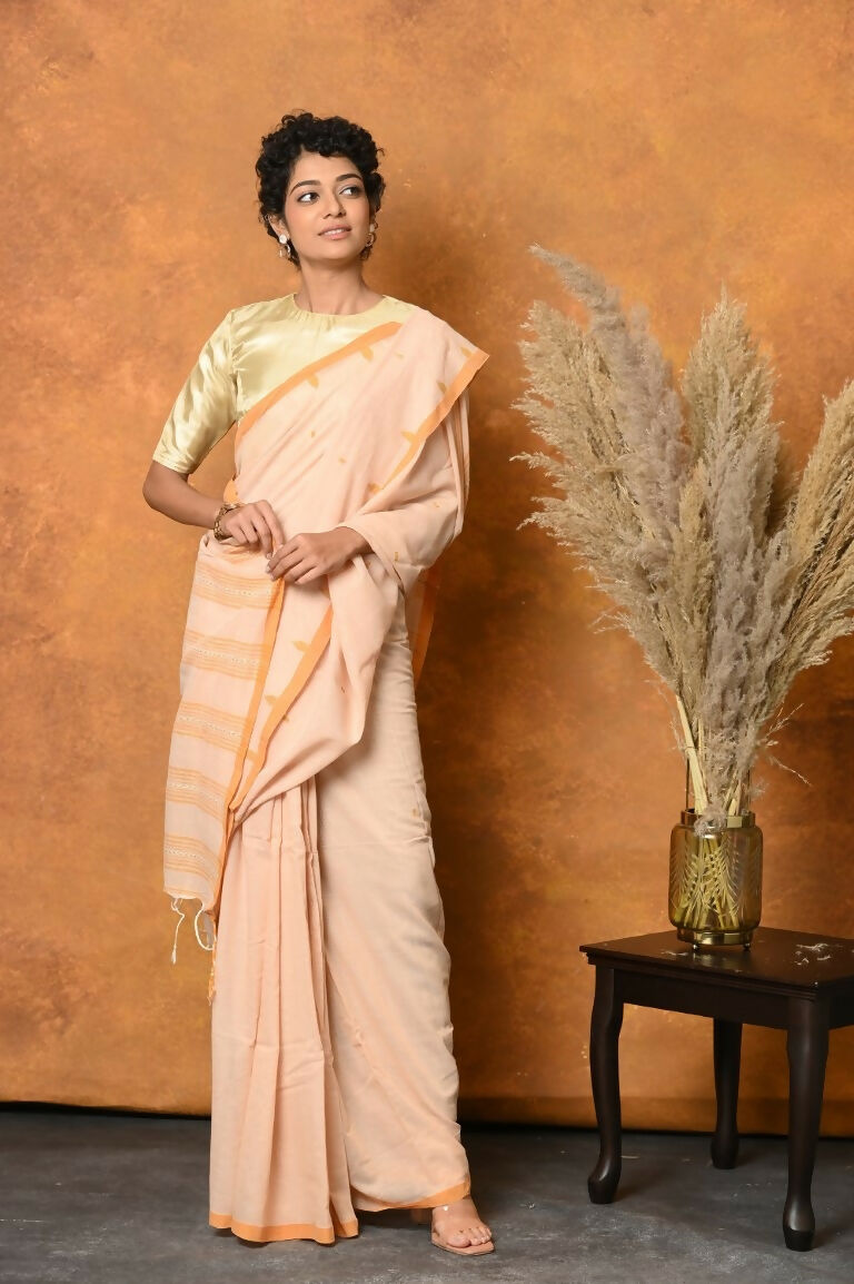 Very Much Indian Handloom Pure Cotton Saree With Sleek Border - Light Peach
