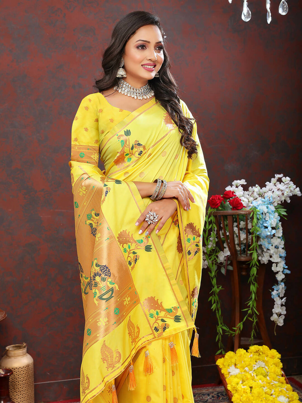 Lorenvalley Fashion Yellow Soft Paithani Silk Woven Design Copper Zari Meenakari Weaving Saree