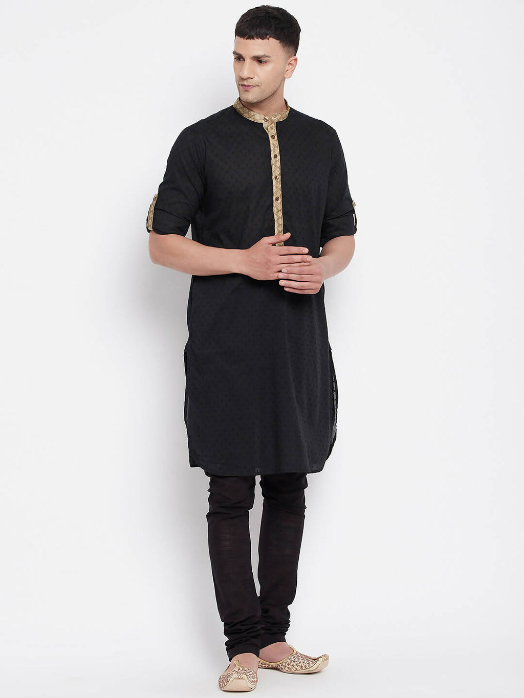 Even Apparels Black Pure Cotton Men's Kurta With Contrast Collar And Placket