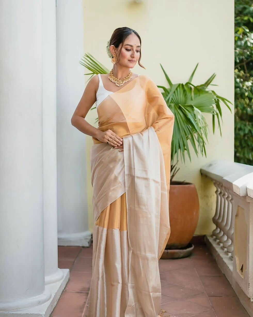 Exclusive Collection Beautiful Pino White Gold Tissue Silk Hand Weaving Handloom Saree With Running Blouse Piece