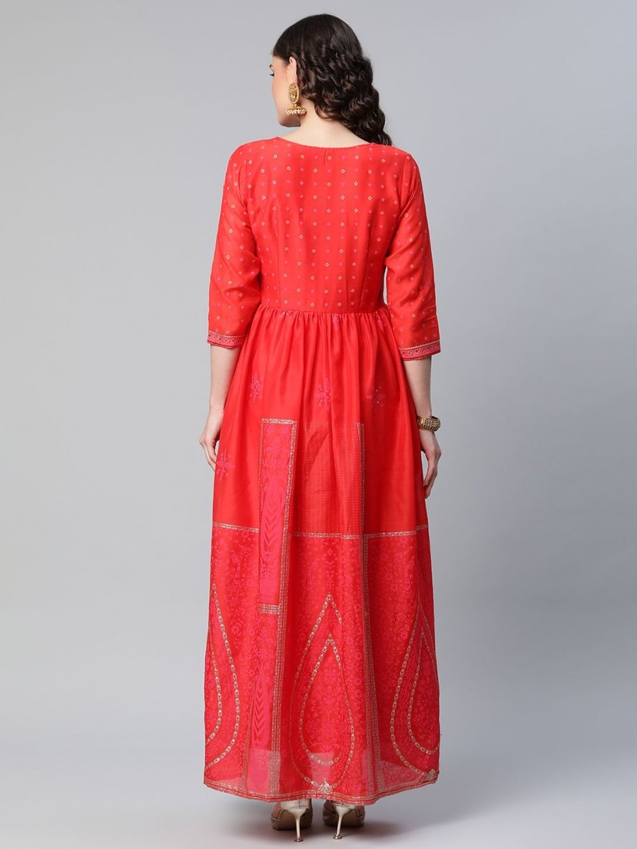 Ahalyaa Women Red Chanderi Khari Printed Dress