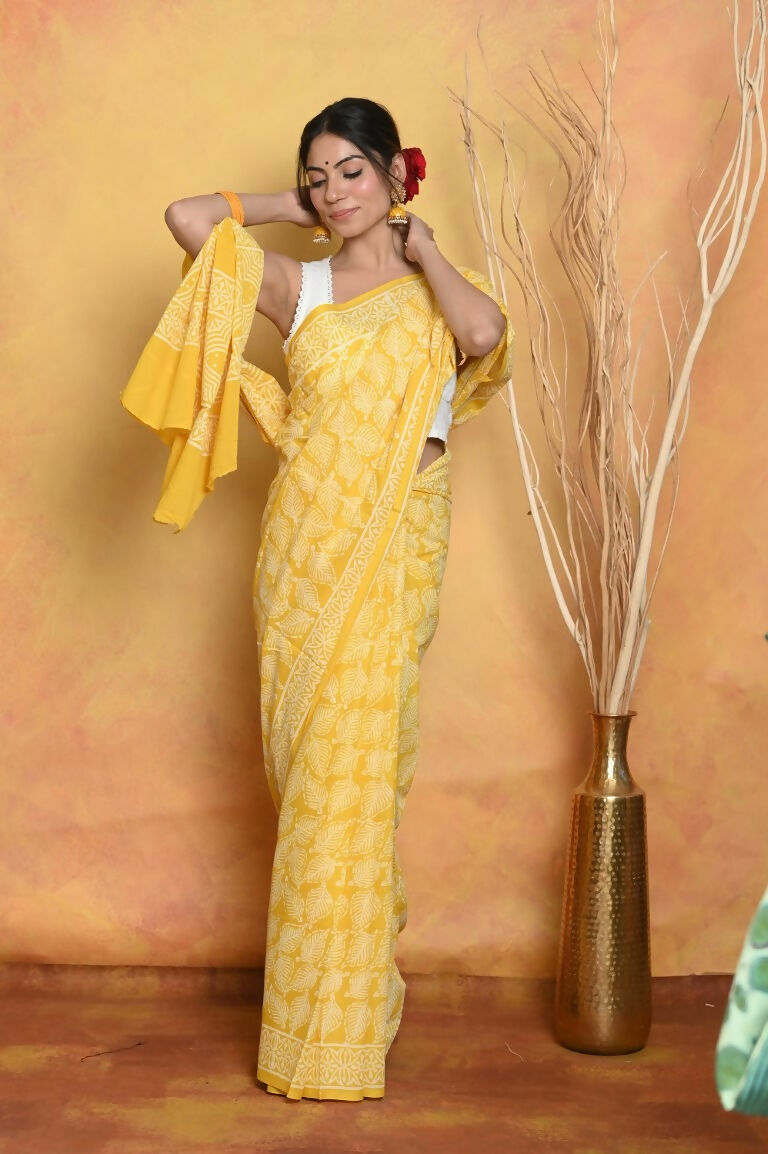 Very Much Indian Handblock Printed Cotton Saree With Natural Dyes - Yellow