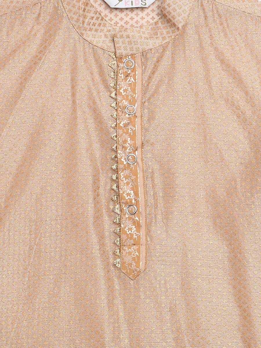 Ahalyaa Boys Beige Poly Silk Gold Printed Kids Kurta Churidar Set