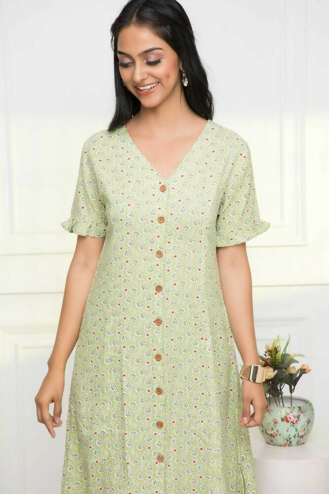 Myshka Women Green Ethnic Motifs Rayon A-Line V-Neck Dress