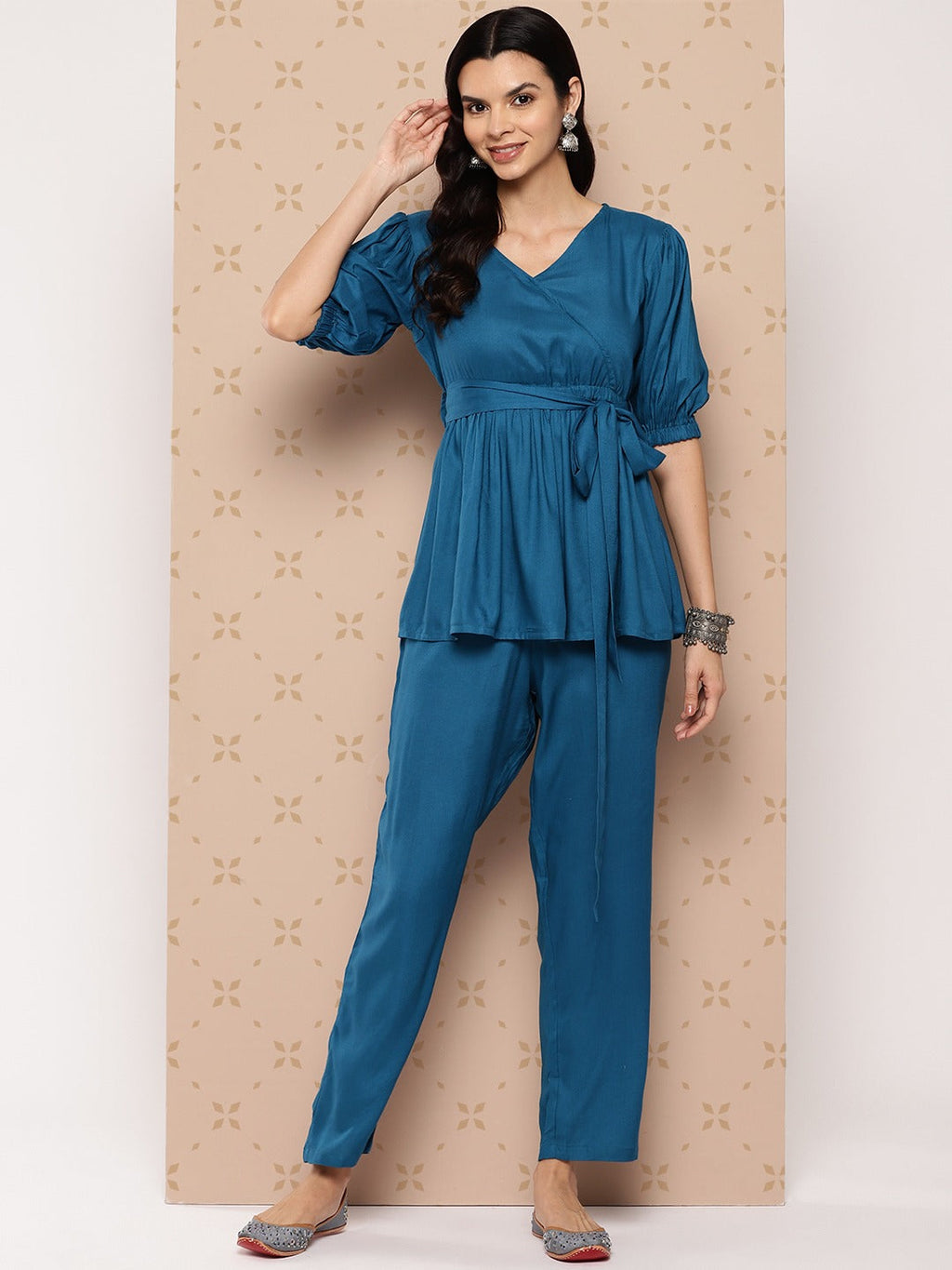 Yufta Teal Blue Solid Pure Cotton Top with Trousers Co-Ords
