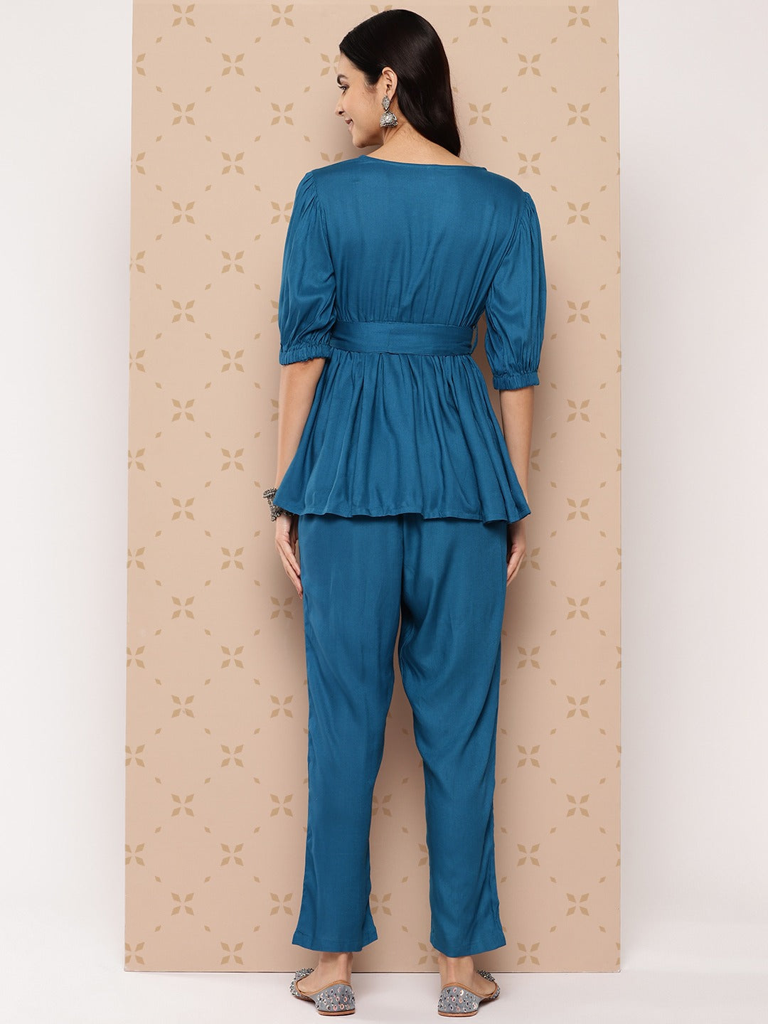 Yufta Teal Blue Solid Pure Cotton Top with Trousers Co-Ords