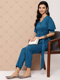 Yufta Teal Blue Solid Pure Cotton Top with Trousers Co-Ords