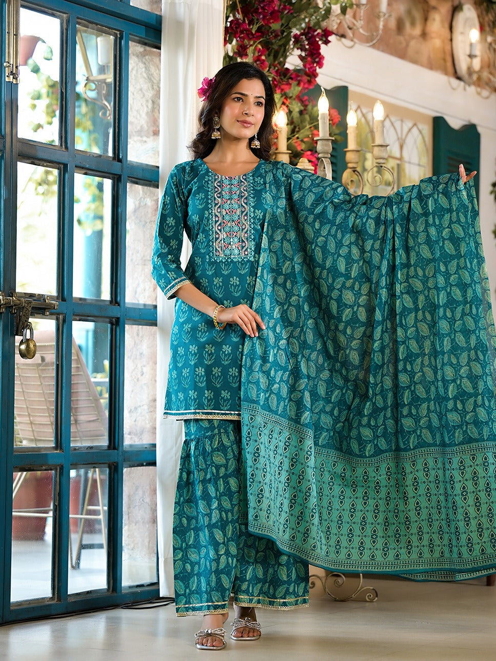 Yufta Teal Floral,Sequins_Work Kurta Sharara with Dupatta Set