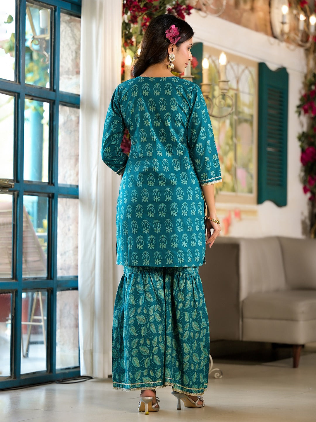 Yufta Teal Floral,Sequins_Work Kurta Sharara with Dupatta Set