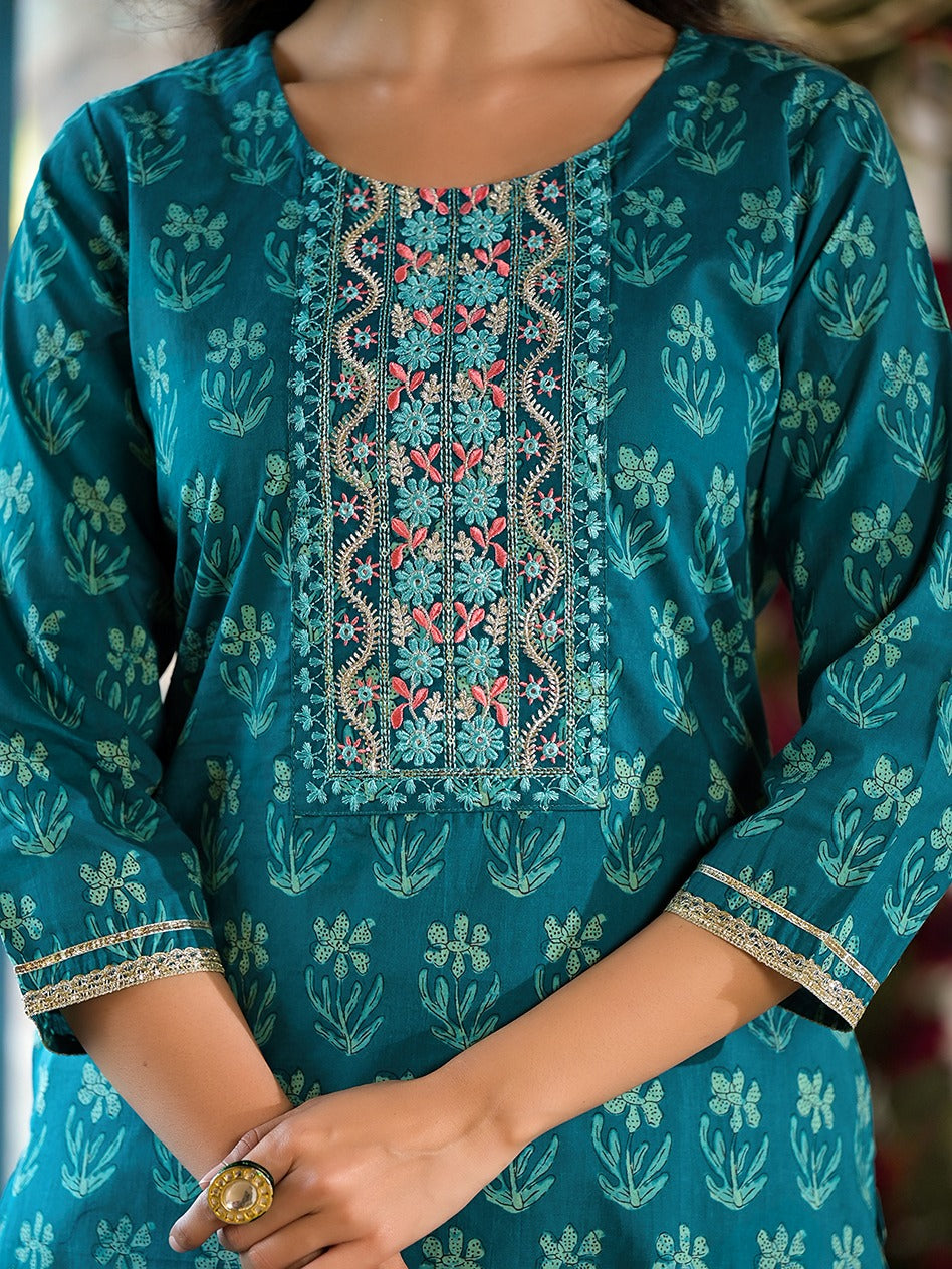 Yufta Teal Floral,Sequins_Work Kurta Sharara with Dupatta Set