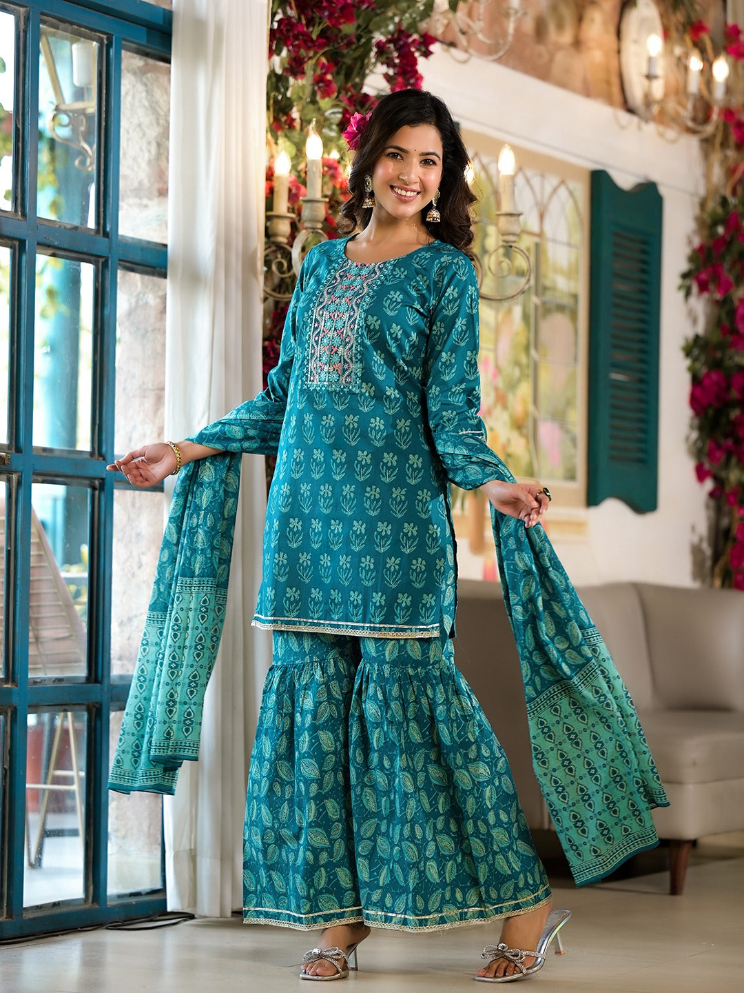 Yufta Teal Floral,Sequins_Work Kurta Sharara with Dupatta Set