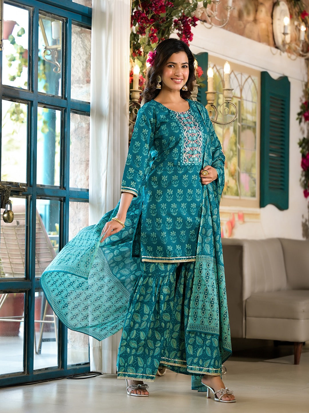 Yufta Teal Floral,Sequins_Work Kurta Sharara with Dupatta Set