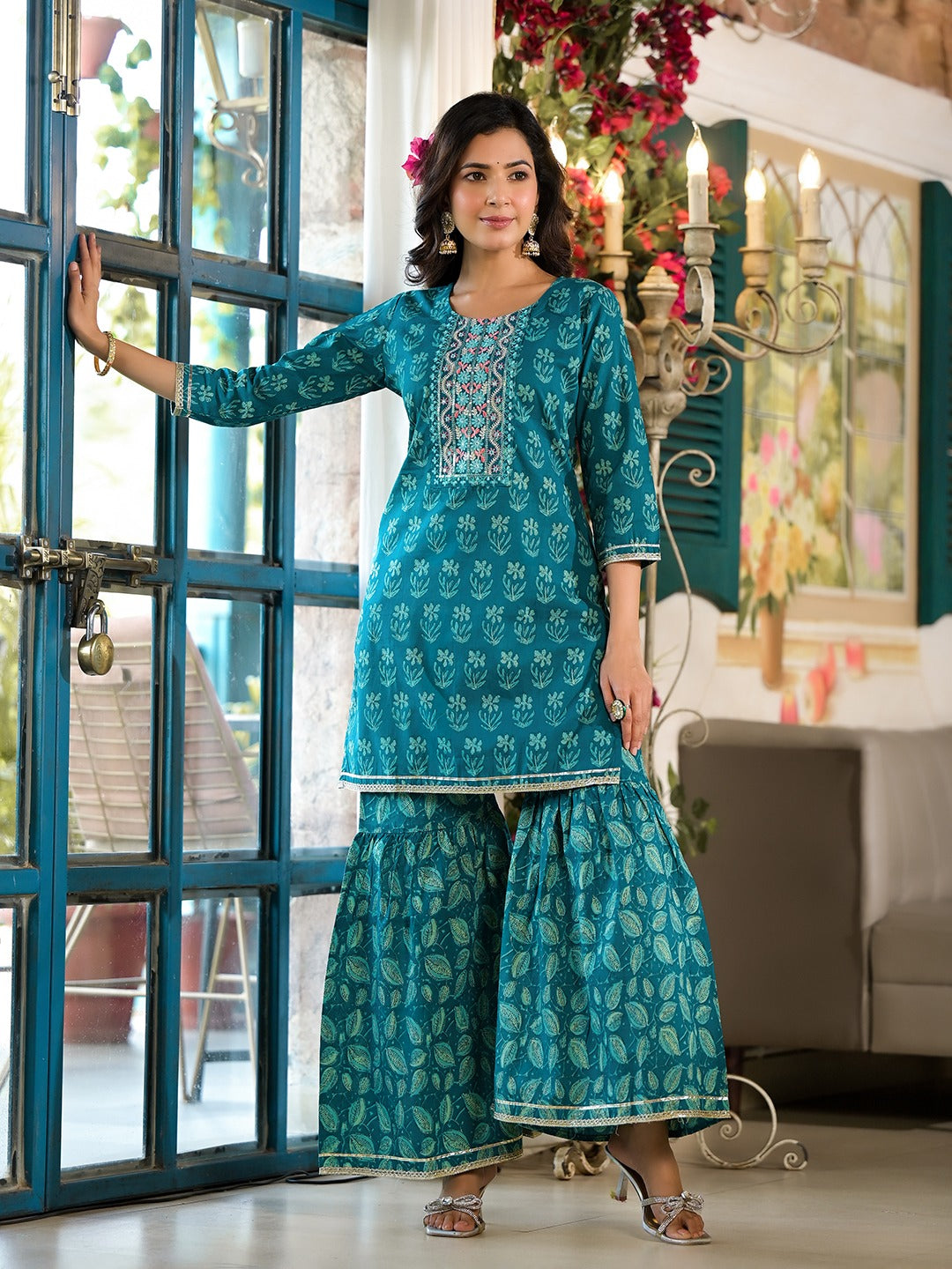 Yufta Teal Floral,Sequins_Work Kurta Sharara with Dupatta Set