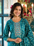 Yufta Teal Floral,Sequins_Work Kurta Sharara with Dupatta Set