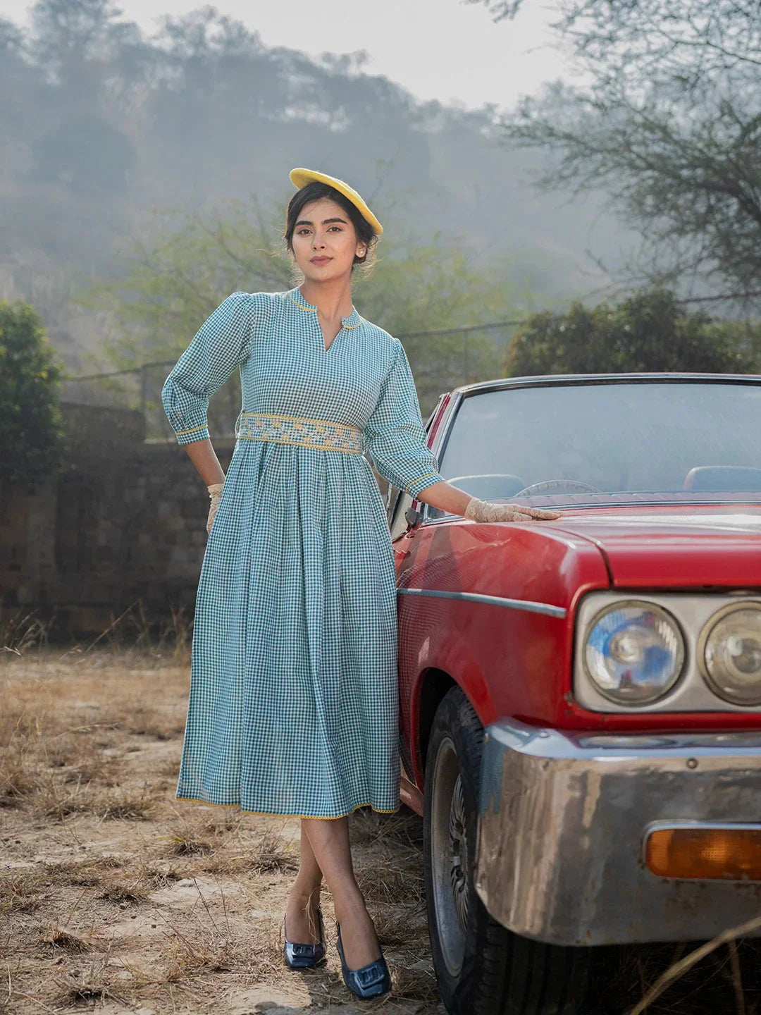Yufta Teal Green Cotton Check Comes With A Belt Dress