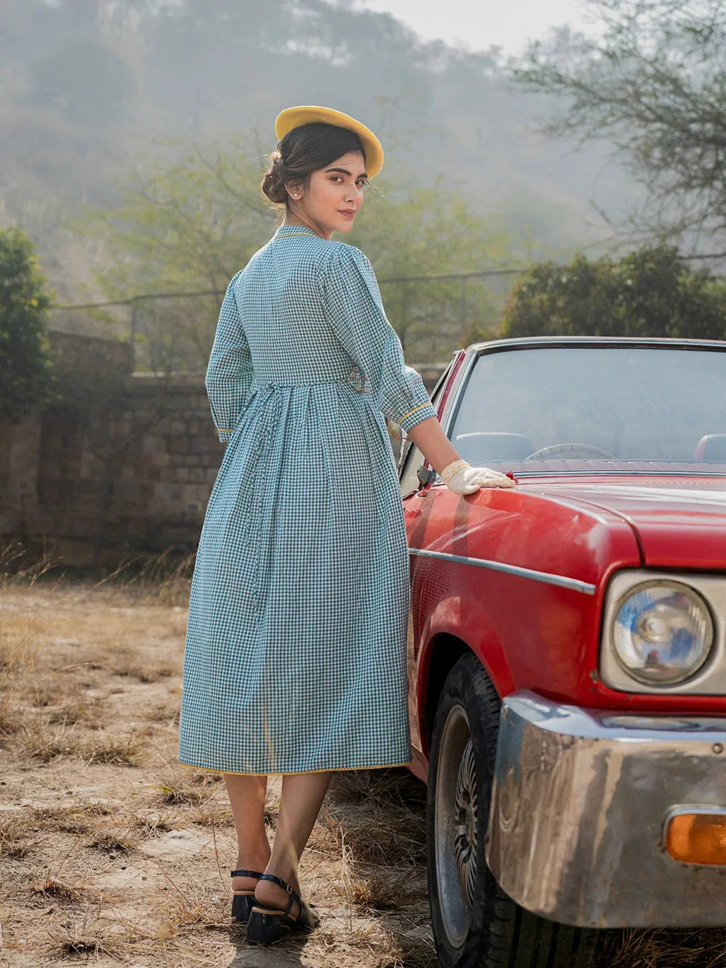 Yufta Teal Green Cotton Check Comes With A Belt Dress