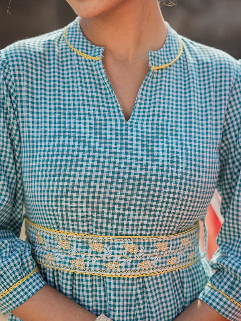 Yufta Teal Green Cotton Check Comes With A Belt Dress