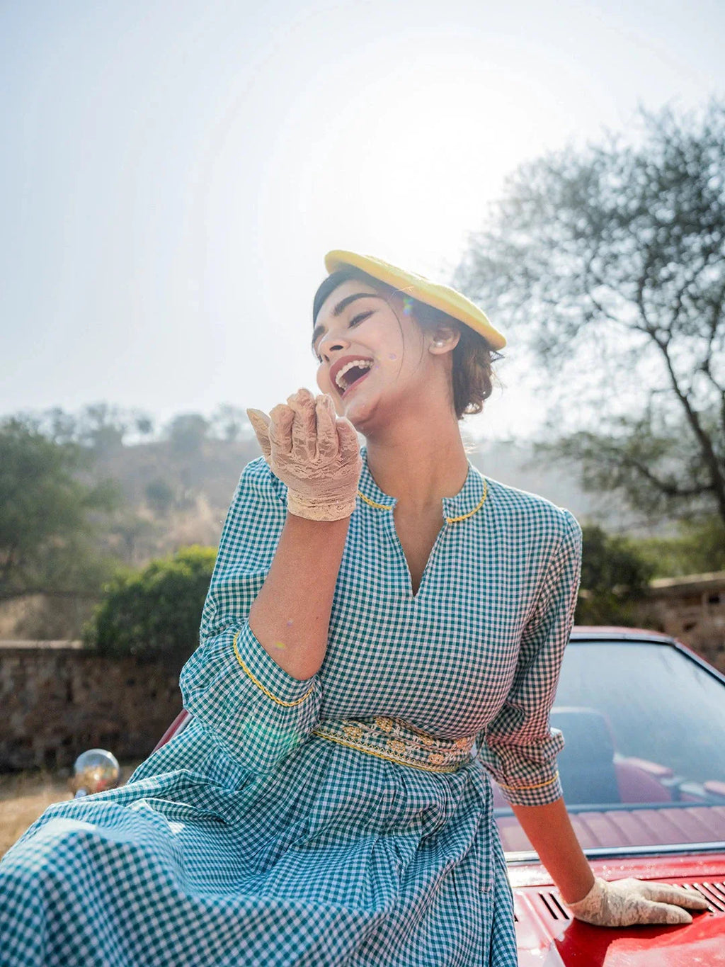 Yufta Teal Green Cotton Check Comes With A Belt Dress
