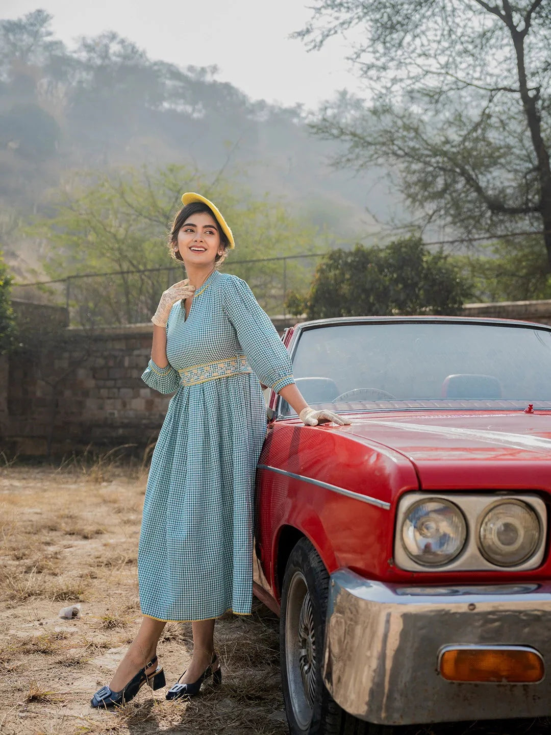 Yufta Teal Green Cotton Check Comes With A Belt Dress