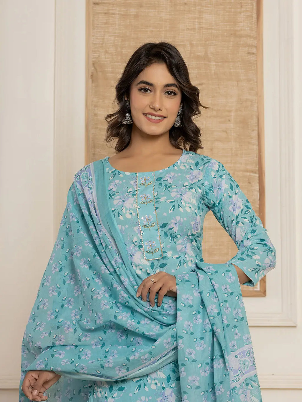 Yufta Teal Green Floral Print Cotton Straight Style Kurta And Trousers With Dupatta Set