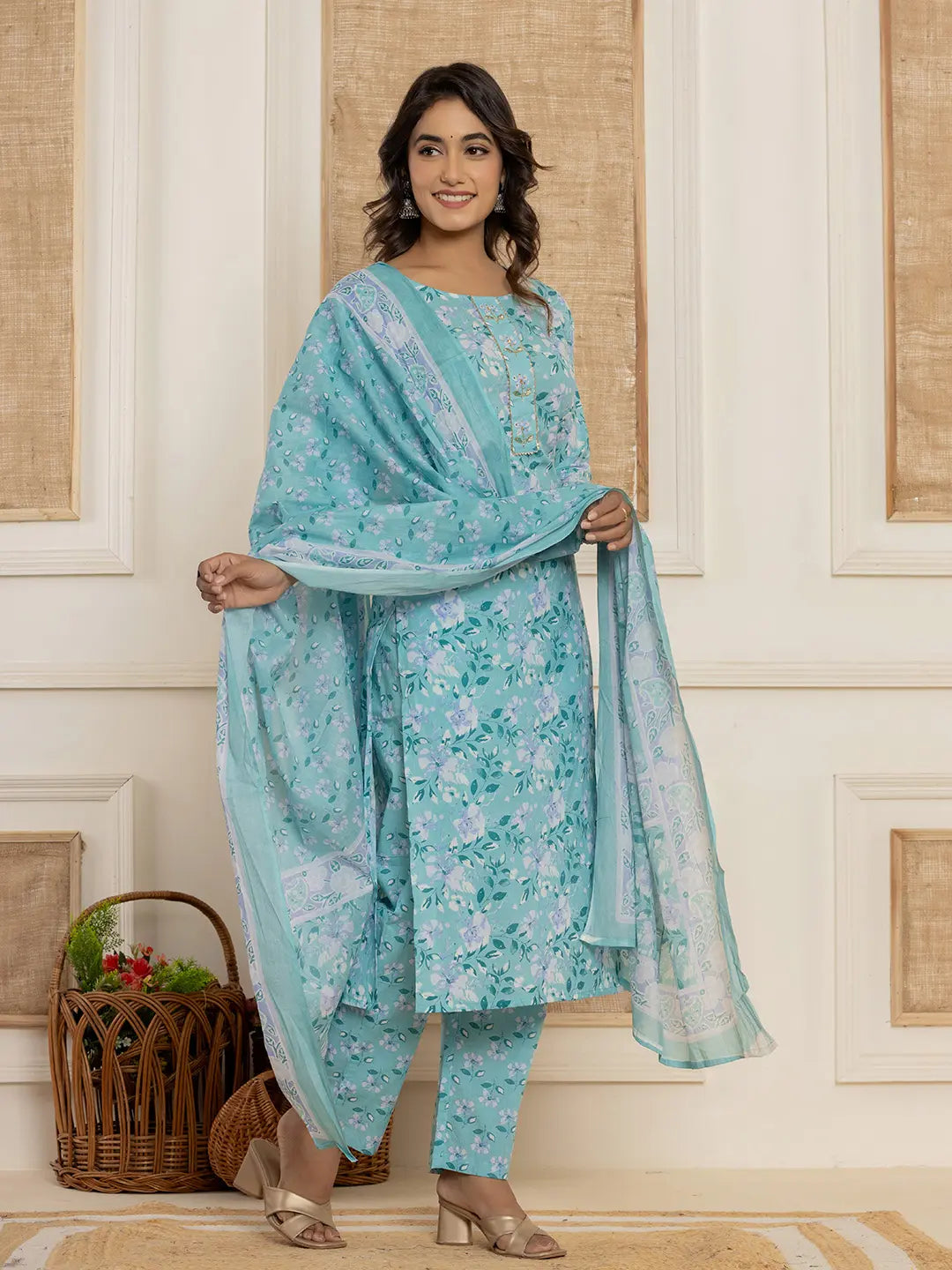 Yufta Teal Green Floral Print Cotton Straight Style Kurta And Trousers With Dupatta Set