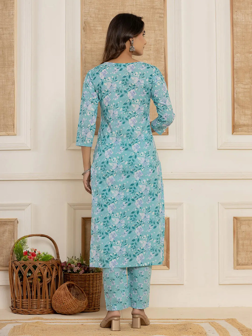 Yufta Teal Green Floral Print Cotton Straight Style Kurta And Trousers With Dupatta Set
