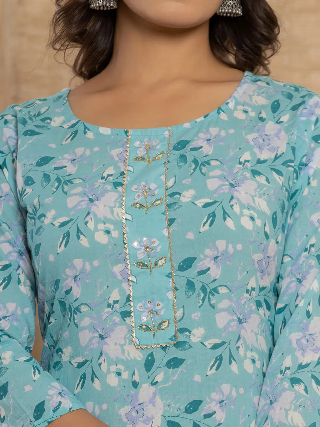 Yufta Teal Green Floral Print Cotton Straight Style Kurta And Trousers With Dupatta Set