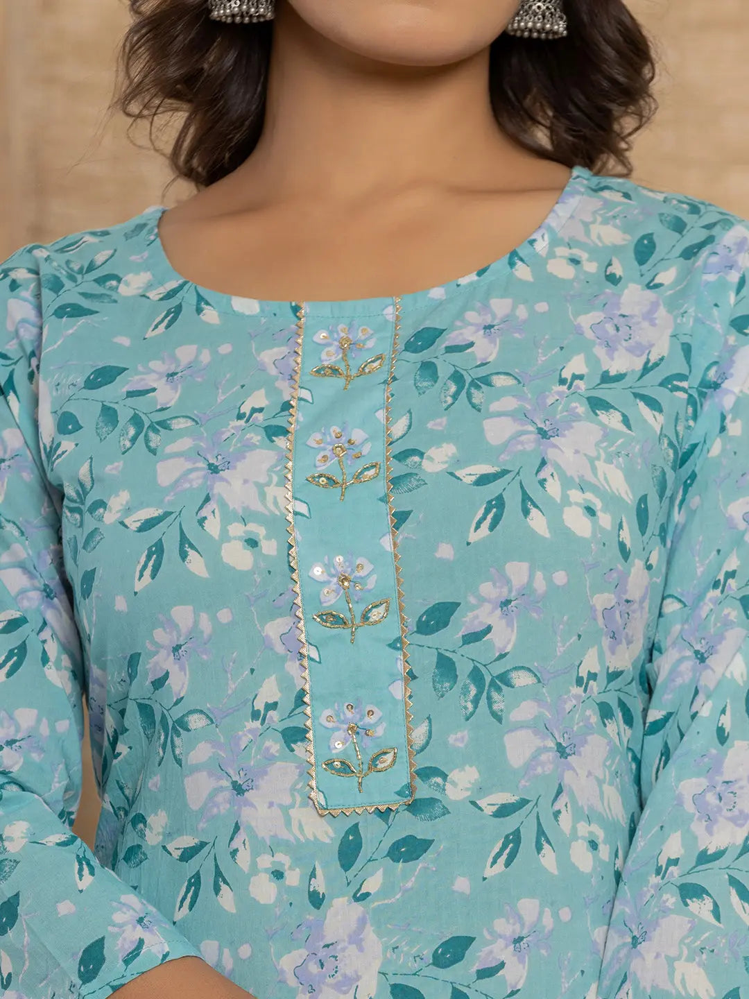 Yufta Teal Green Floral Print Cotton Straight Style Kurta And Trousers With Dupatta Set
