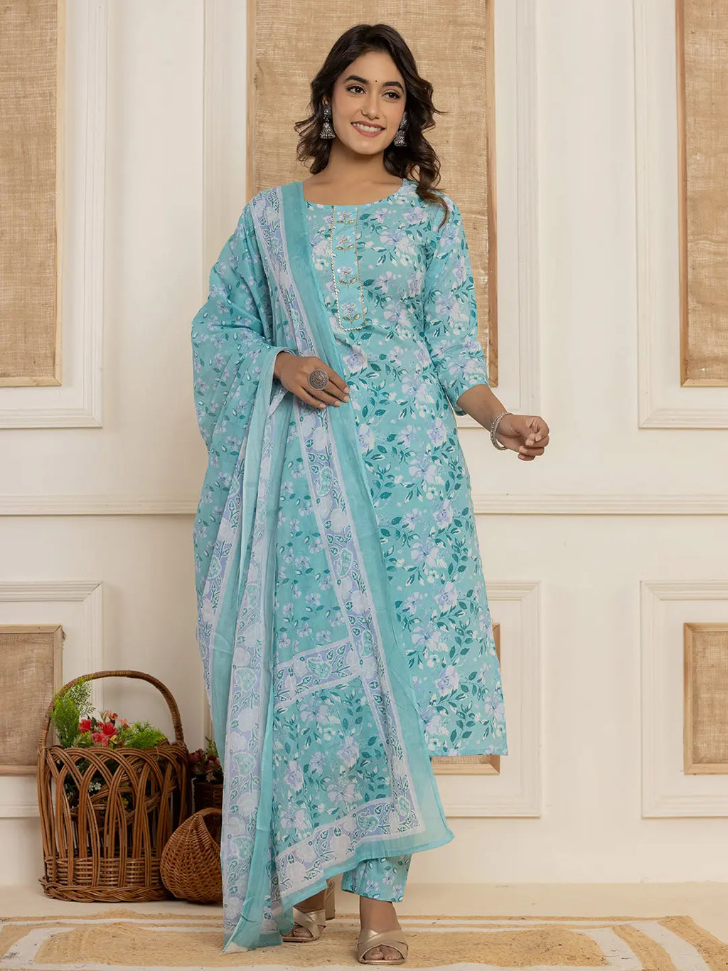 Yufta Teal Green Floral Print Cotton Straight Style Kurta And Trousers With Dupatta Set