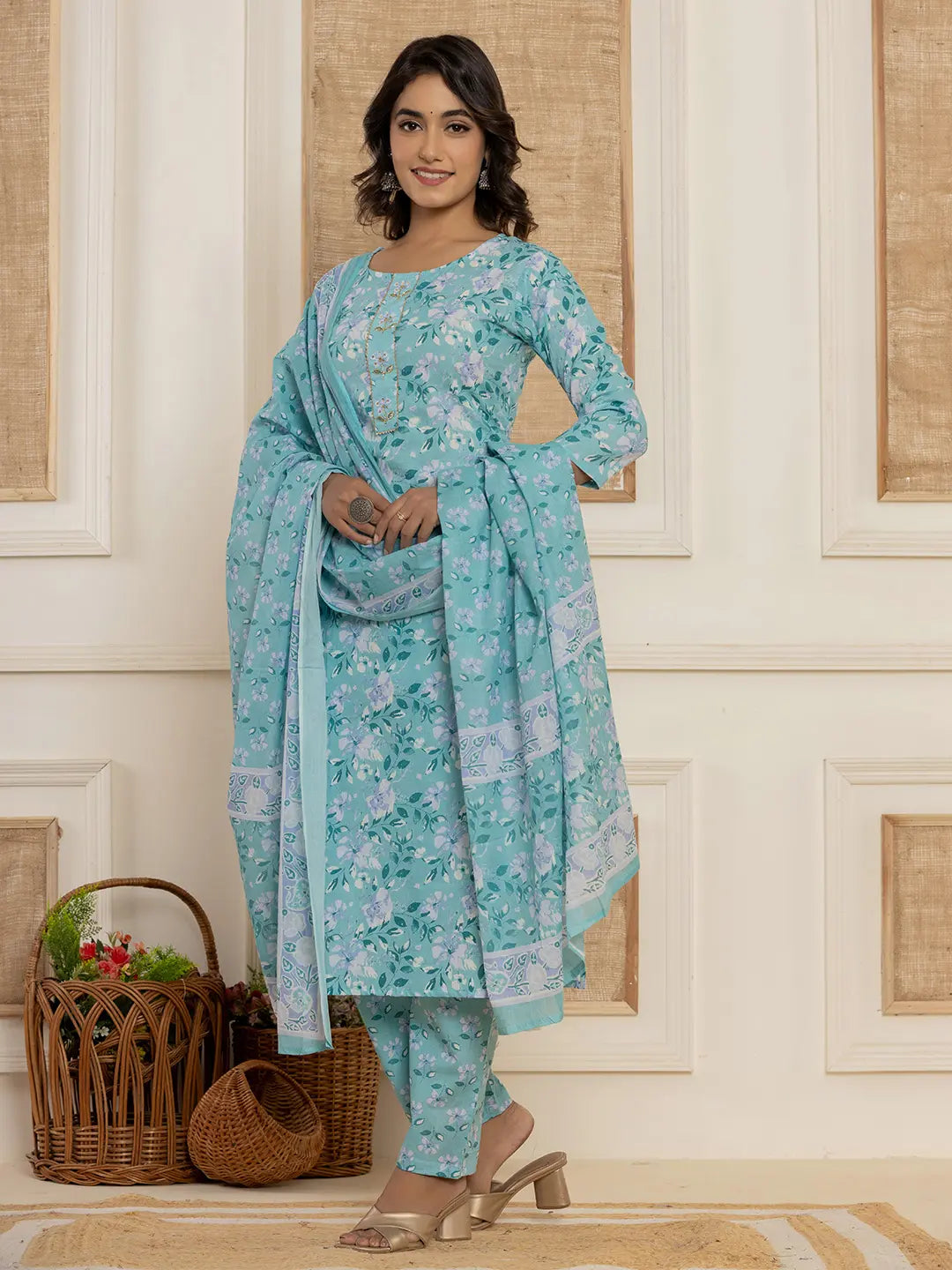 Yufta Teal Green Floral Print Cotton Straight Style Kurta And Trousers With Dupatta Set