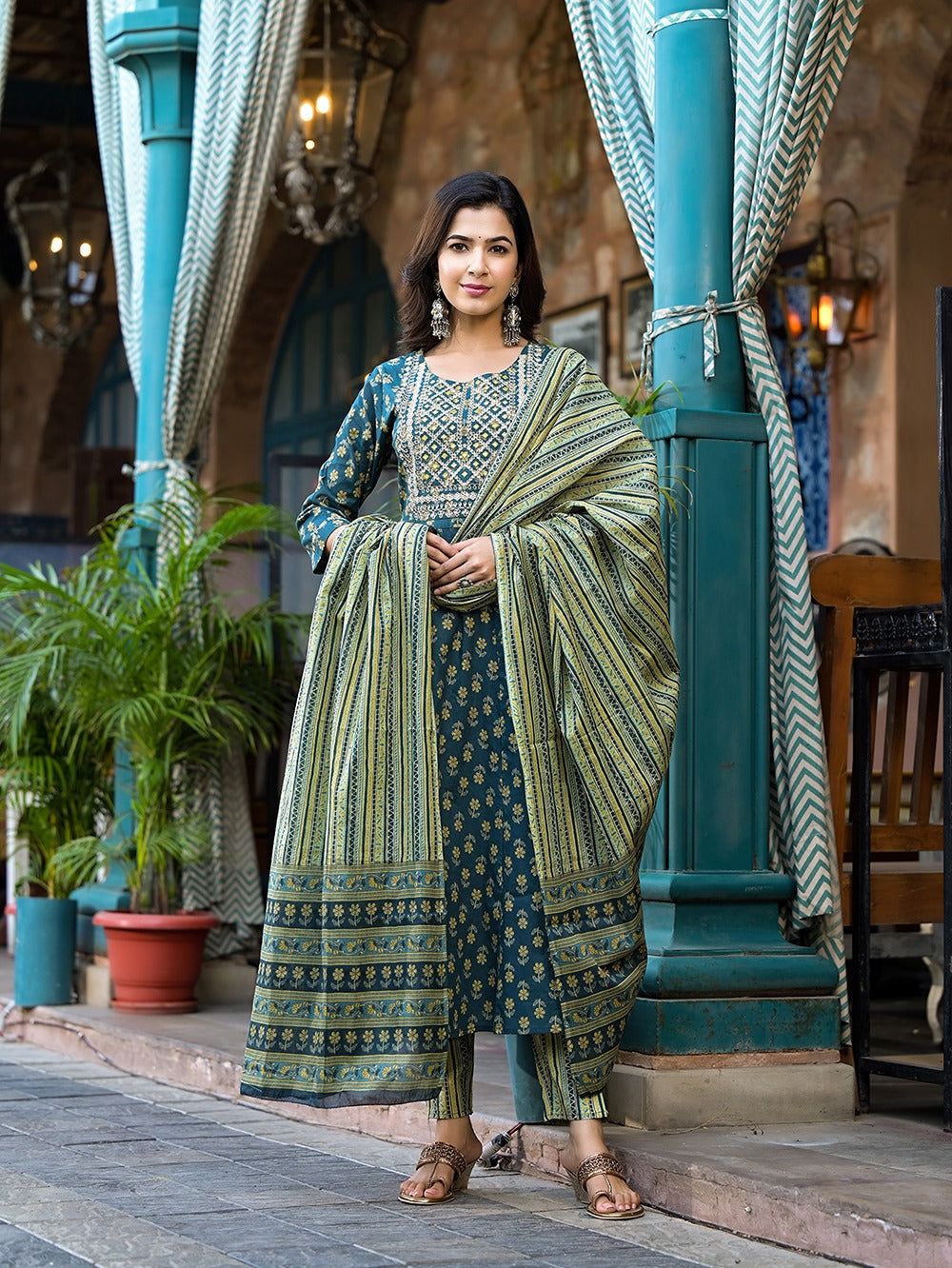 Yufta Teal Green Floral Sequins_Work Kurta Trouser With Dupatta Set