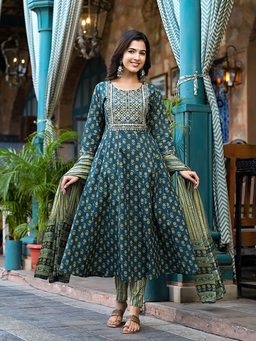 Yufta Teal Green Floral Sequins_Work Kurta Trouser With Dupatta Set