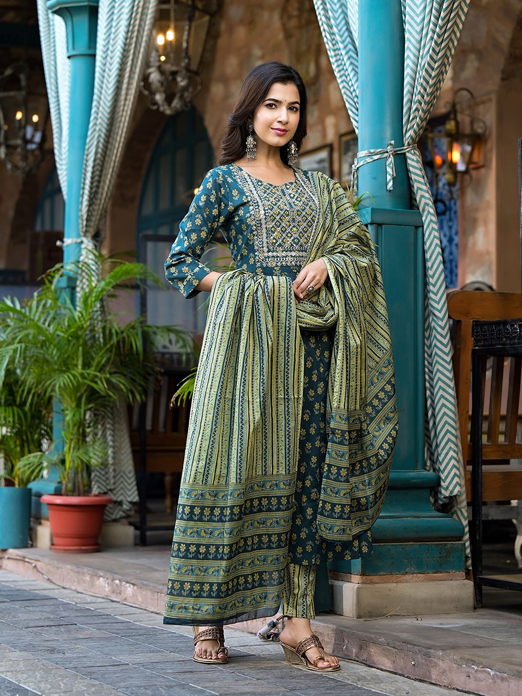 Yufta Teal Green Floral Sequins_Work Kurta Trouser With Dupatta Set