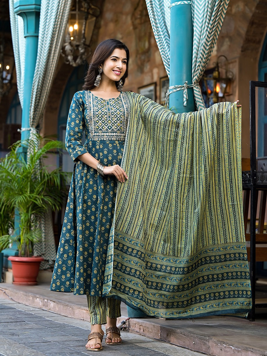 Yufta Teal Green Floral Sequins_Work Kurta Trouser With Dupatta Set