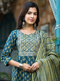 Yufta Teal Green Floral Sequins_Work Kurta Trouser With Dupatta Set