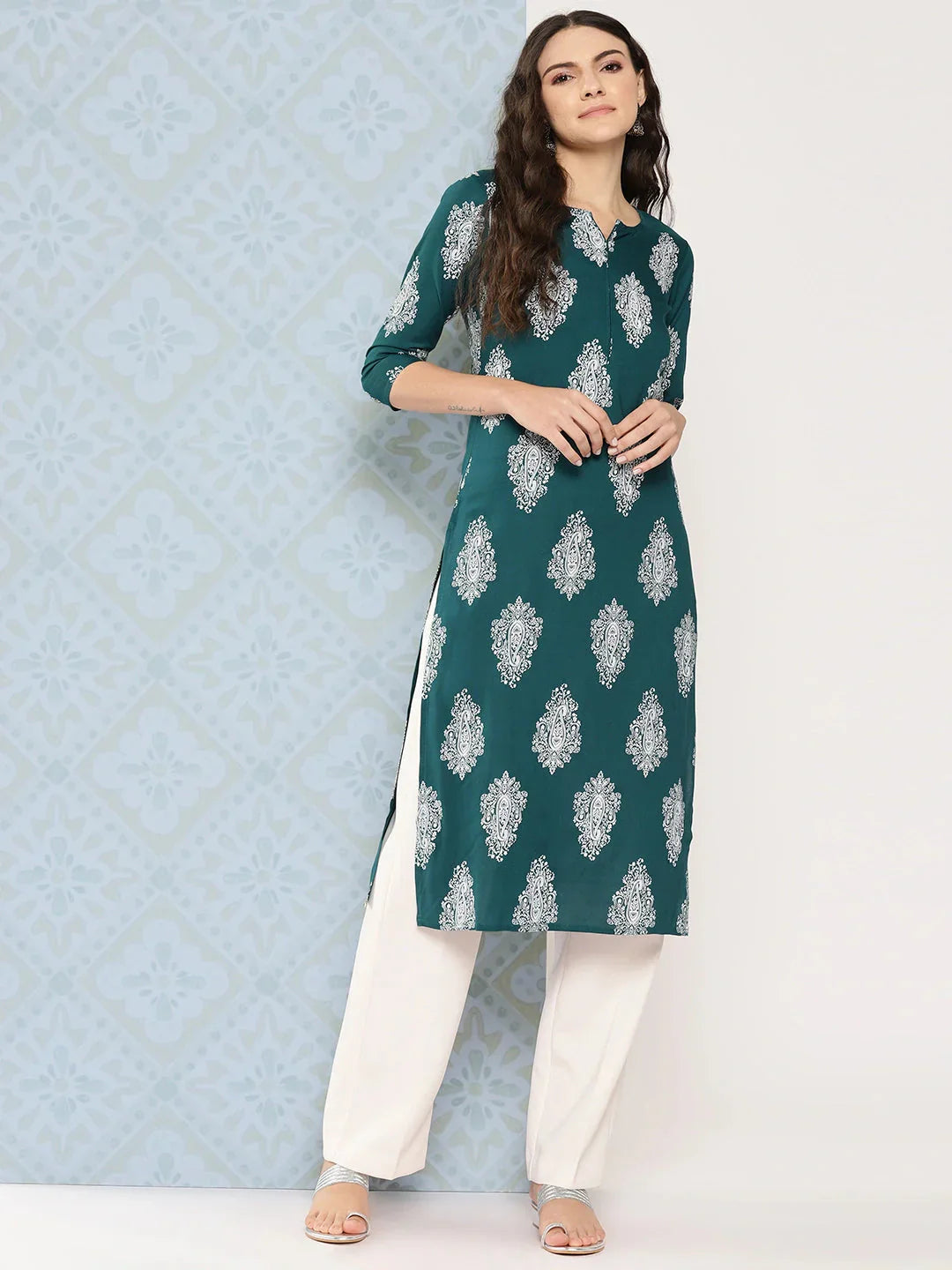 Yufta Teal Green Paisley Printed Kurta