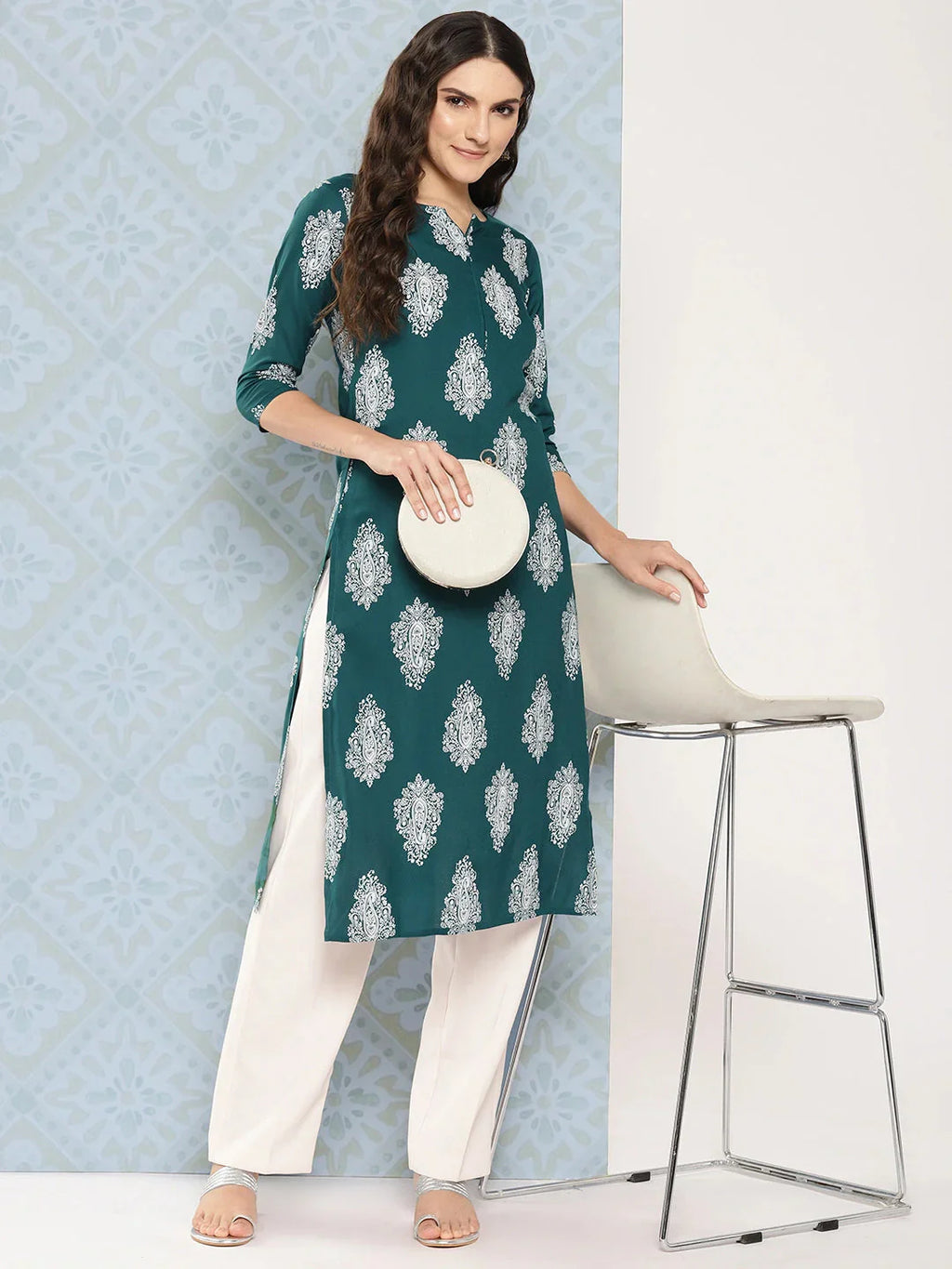 Yufta Teal Green Paisley Printed Kurta