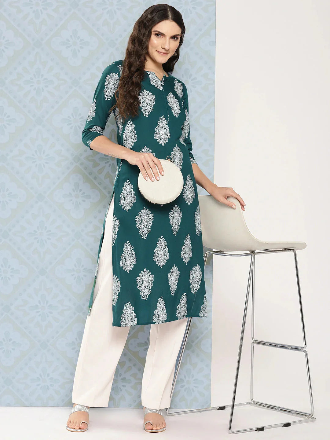 Yufta Teal Green Paisley Printed Kurta