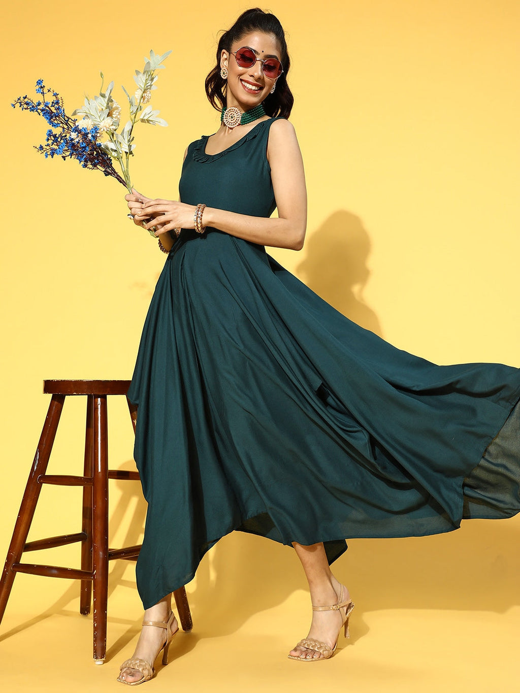 Yufta Teal Green Solid Maxi Dress