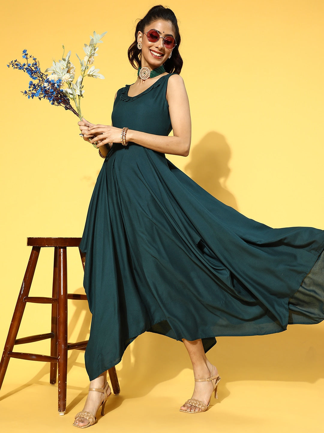 Yufta Teal Green Solid Maxi Dress