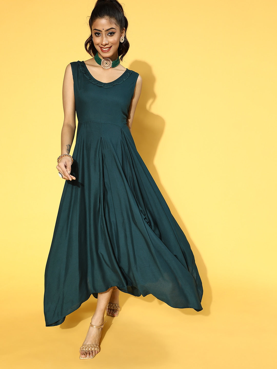 Yufta Teal Green Solid Maxi Dress