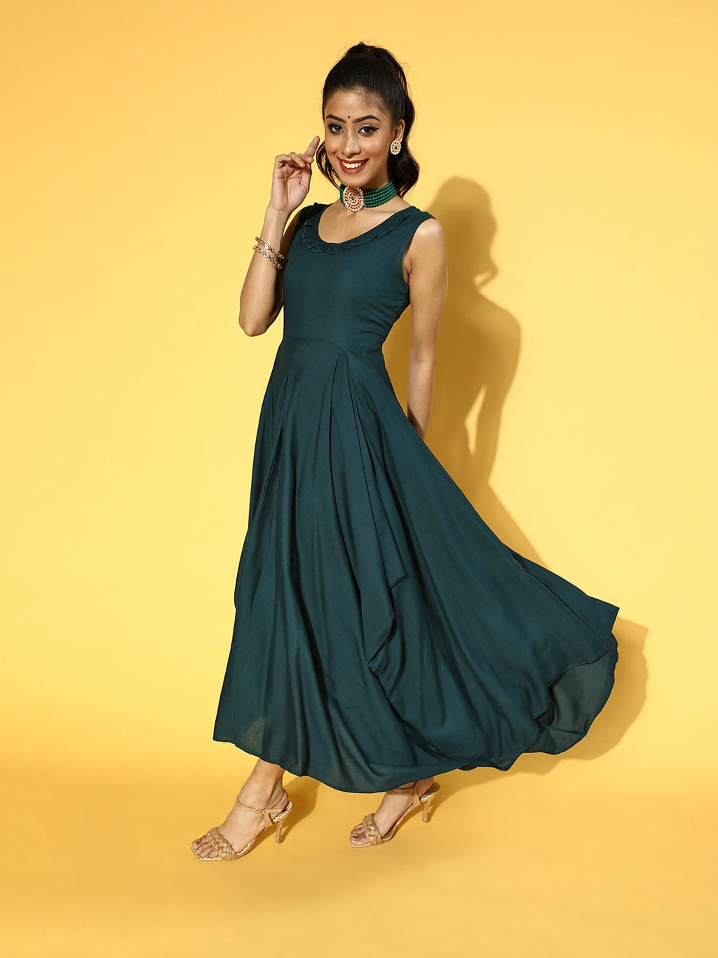 Yufta Teal Green Solid Maxi Dress