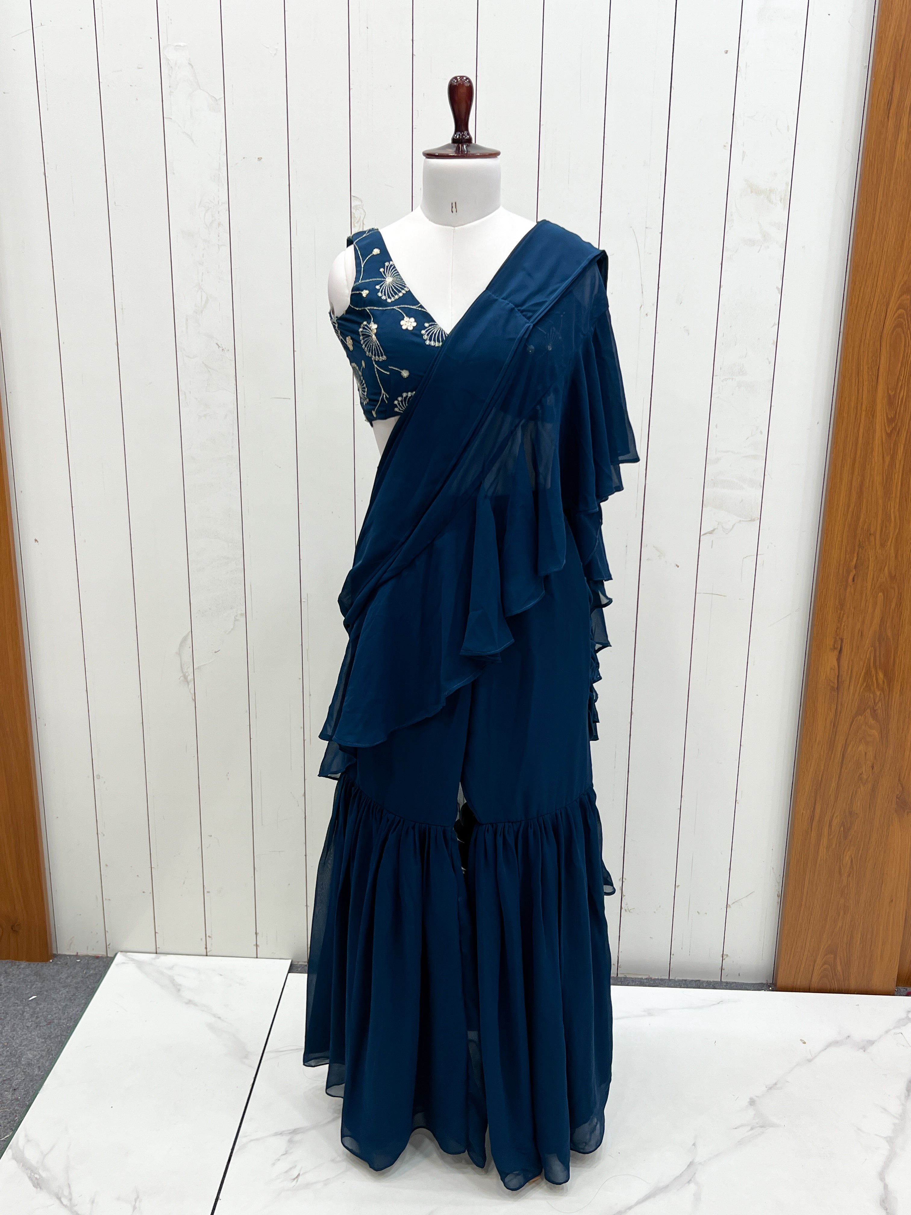 Lorenvalley Teal Faux Georgette Ready To Wear Sharara Saree with Full Stitched Blouse